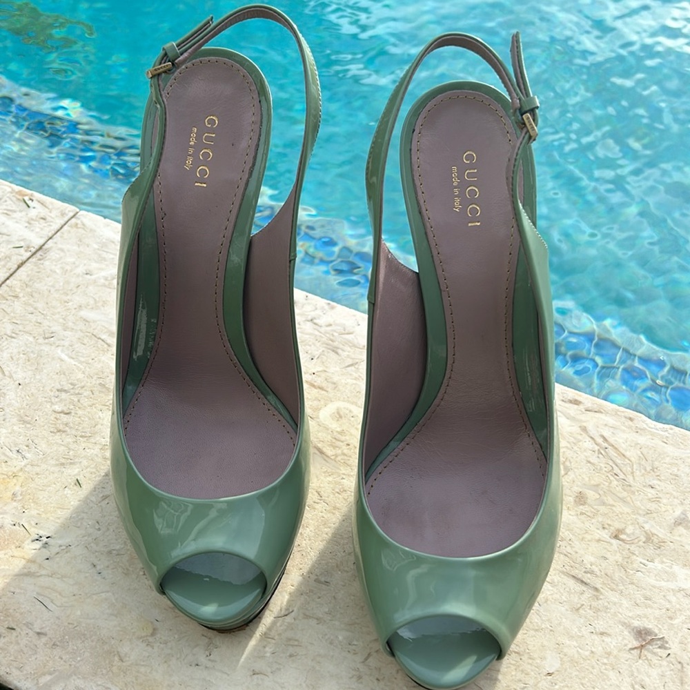 Gucci patent leather platform sling backs